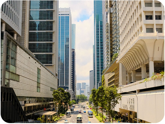 City street between skyscrapers
